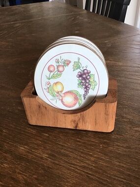 Vintage "Orchard" pattern round coasters produced by Boots